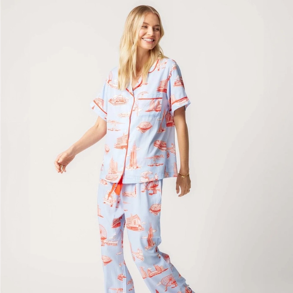 Katie Kime Chicago Toile Pajama Set Blue Red Print 3XL Luxury Sleepwear - Picture 4 of 10